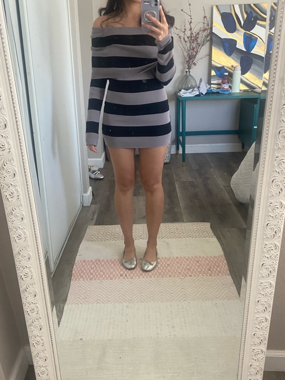 Off-Shoulder Striped Mini Dress in Black and Graypurple - Unbranded